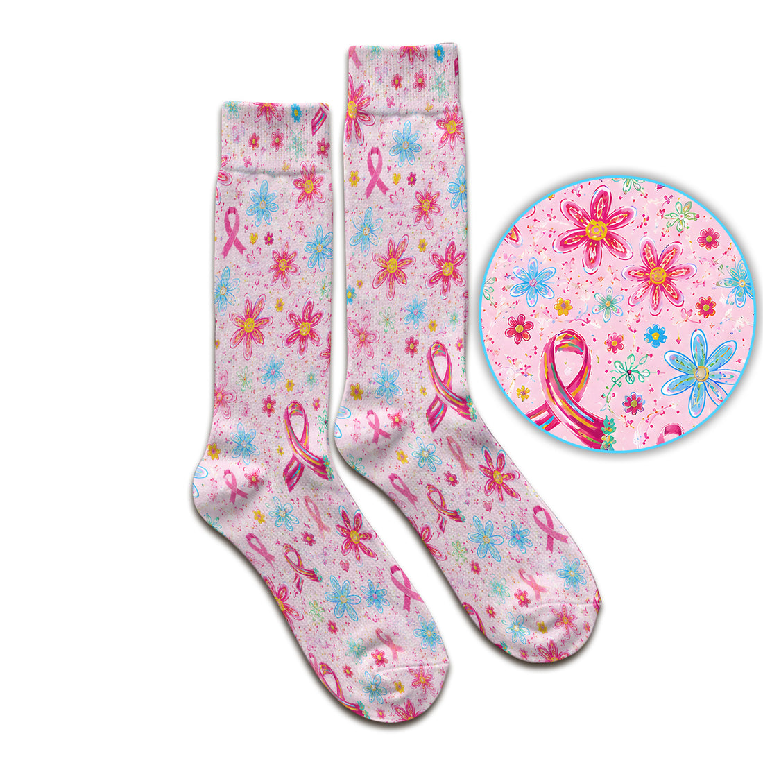 Floral Breast Cancer Awareness Print Socks, Adult Socks for Men and Women