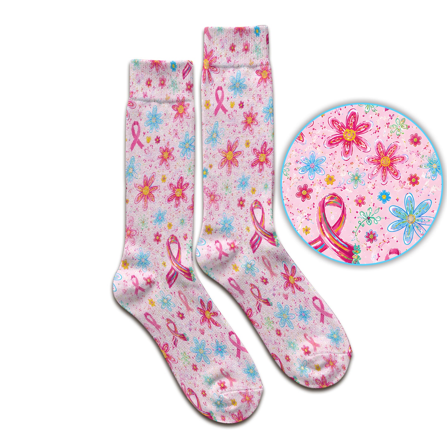 Floral Breast Cancer Awareness Print Socks, Adult Socks for Men and Women