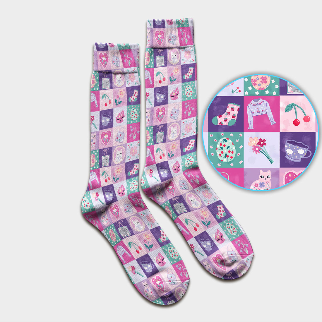 Pastel Cat Patchwork Pattern Socks, Adult Socks for Men and Women