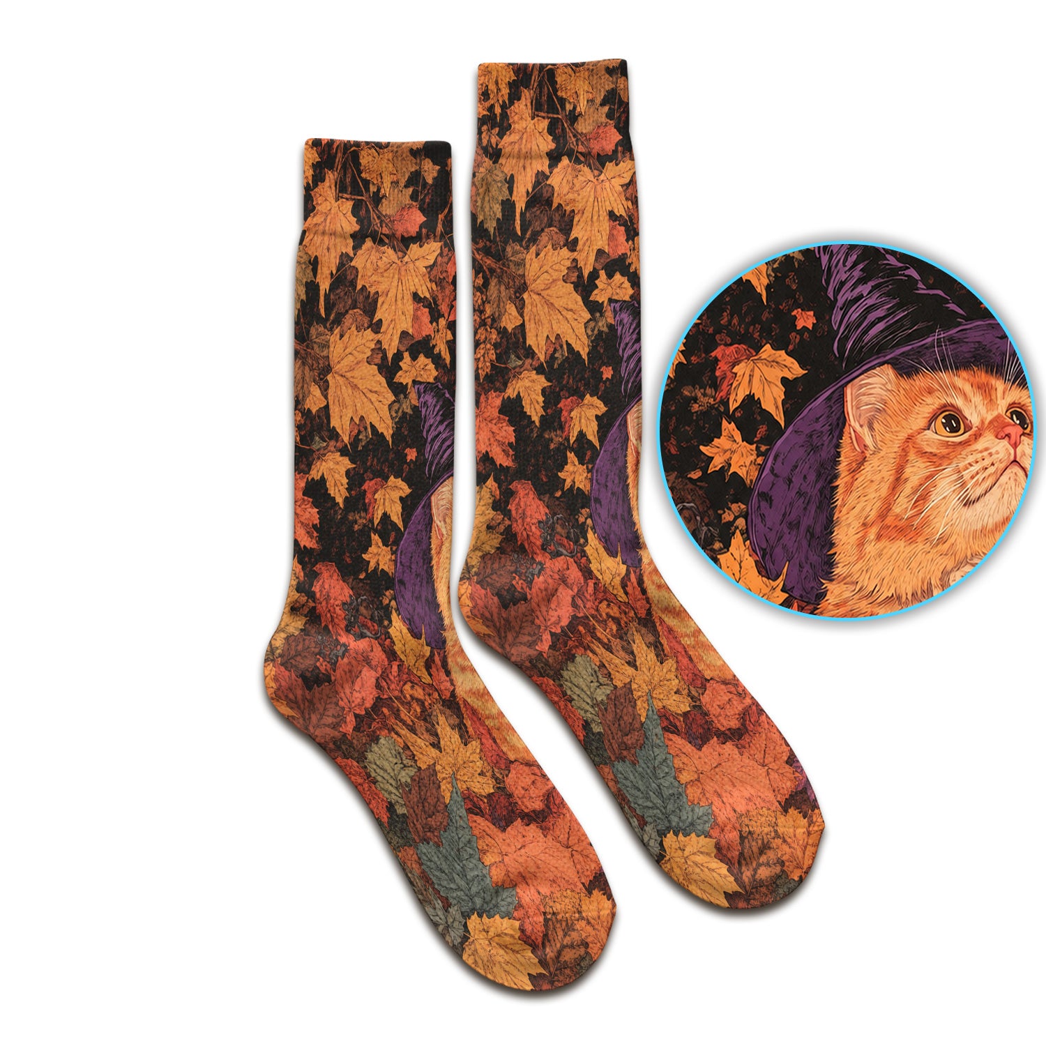 Autumn Cat with Fall Leaves Socks, Adult Socks for Men and Women