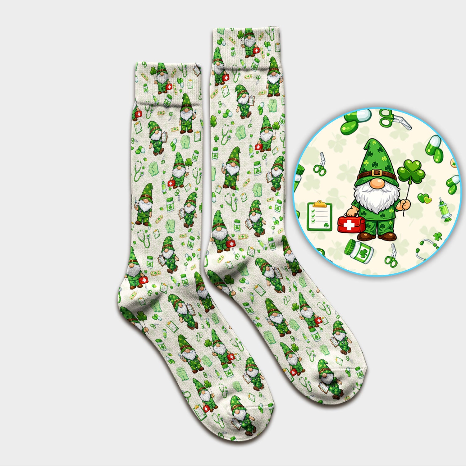 St. Patrick’s Day Nurse Gnome Scrub Socks, Green Lucky Medical Pattern Nurse Sock, Breathable Fabrics Nursing Uniform