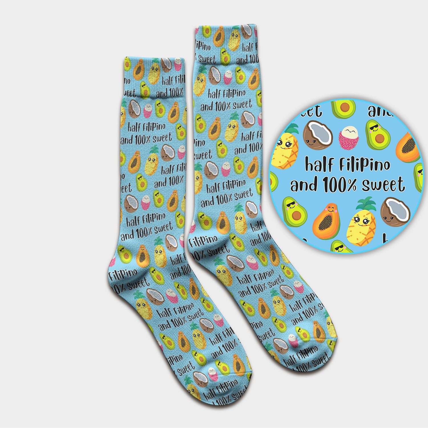 Playful Avocado Fruit Print Filipino Quote Socks, Adult Socks for Men and Women