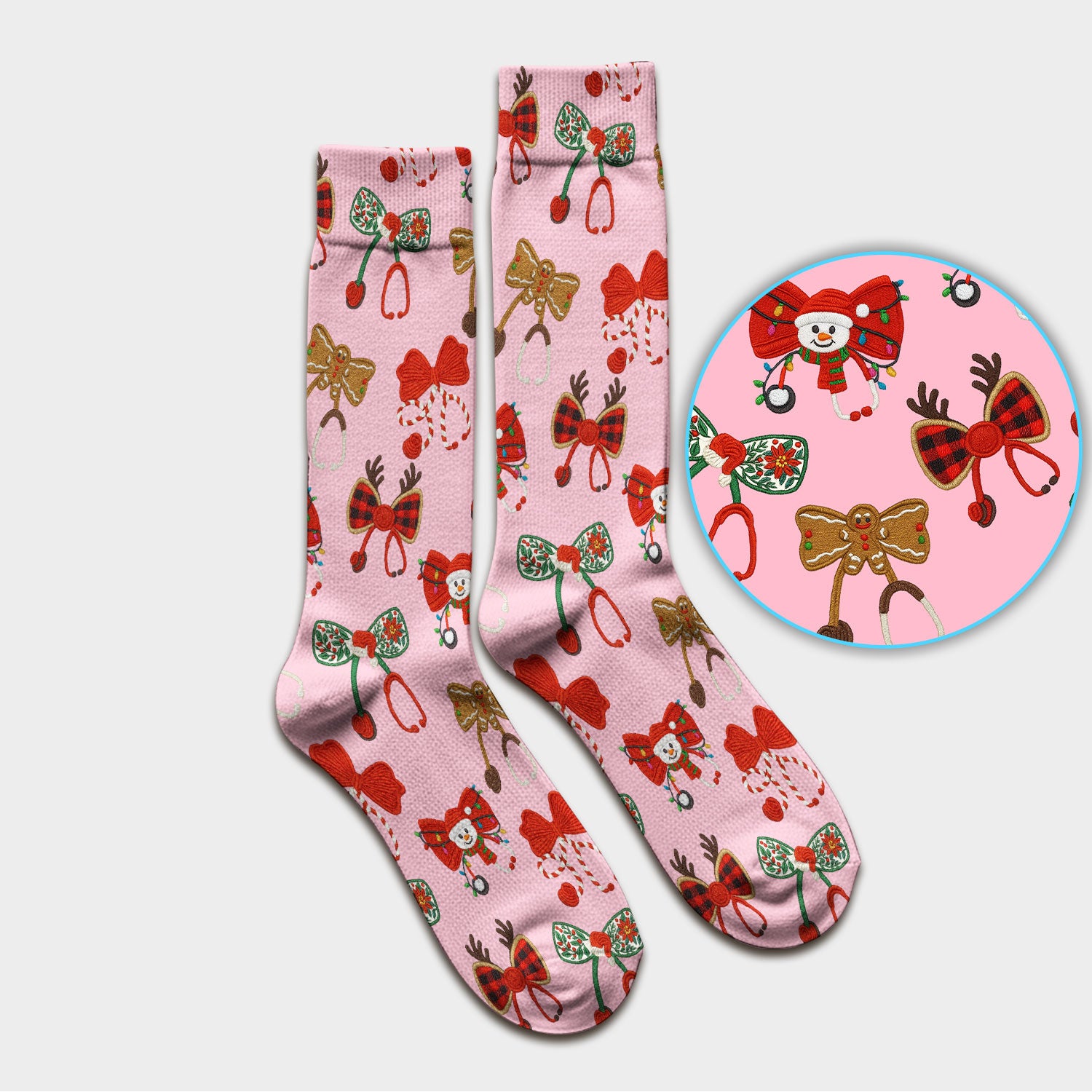 Christmas Stethoscope Bow Nurse Scrub Socks, Xmas Pattern Scrub Sock, Holiday Nursing Uniform