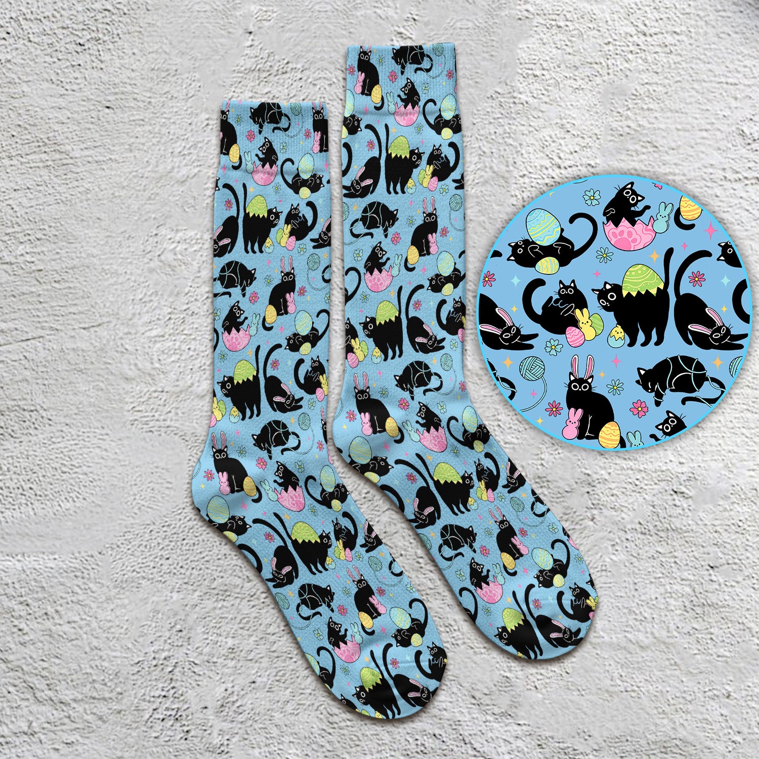 Funny Easter Black Cat Egg Pattern Print Socks, Adult Socks for Men and Women