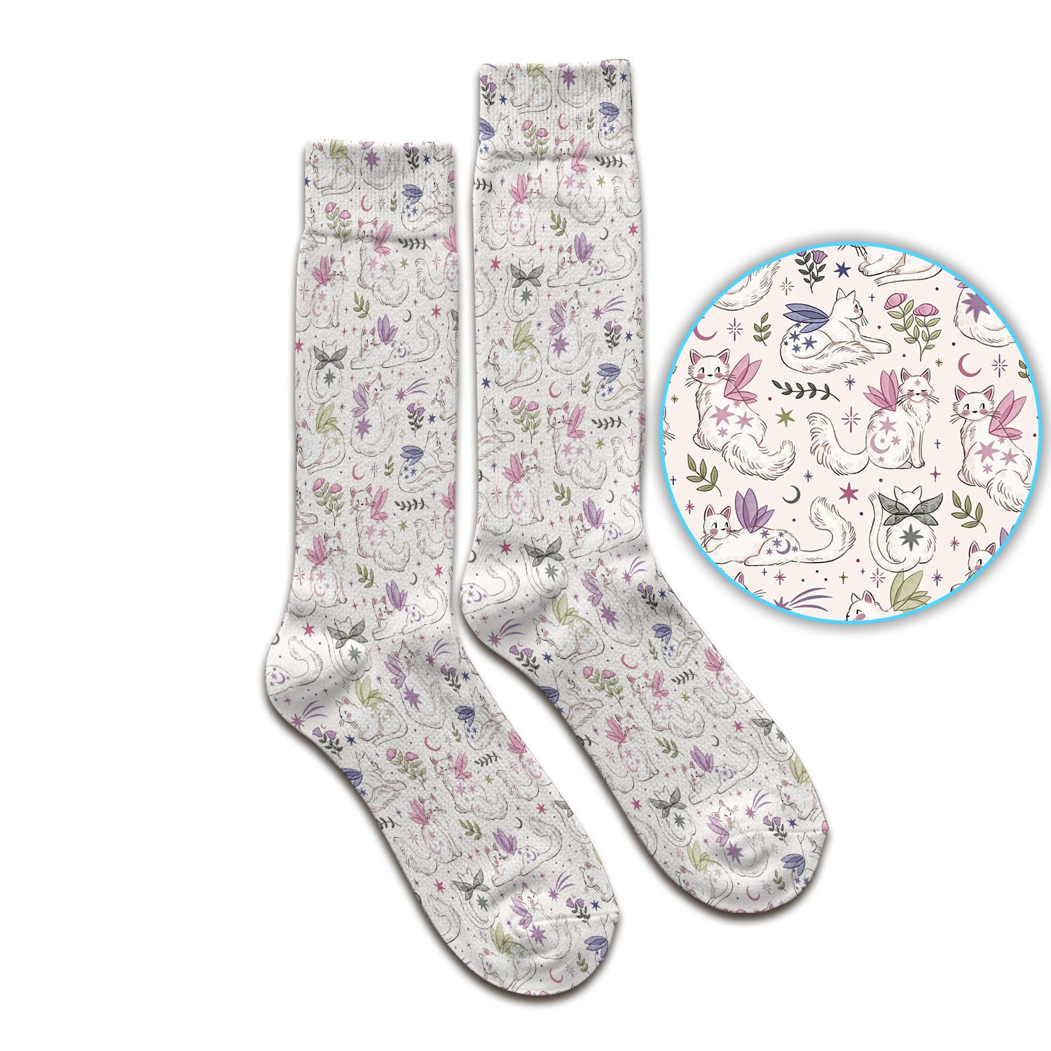 Cute Fairy Cat Moon Star Floral Pattern Socks, Adult Socks for Men and Women