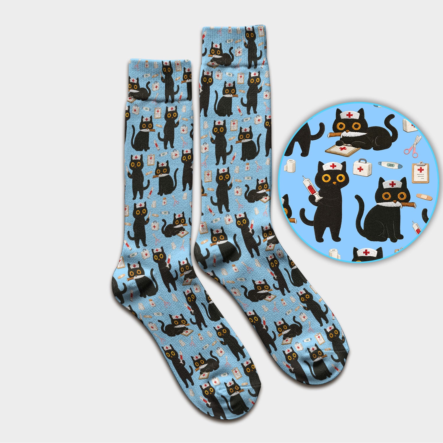 Cute Black Cat Nurse Pattern Medical Socks, Breathable Fabrics Medical Uniform