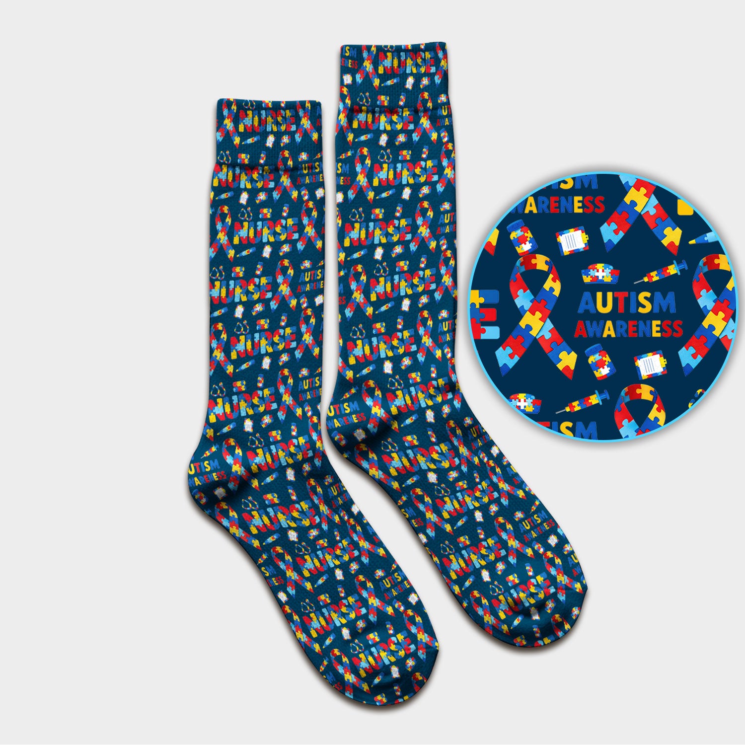 Autism Awareness Nurse Puzzle Ribbon Print Socks, Breathable Fabrics Medical Uniform