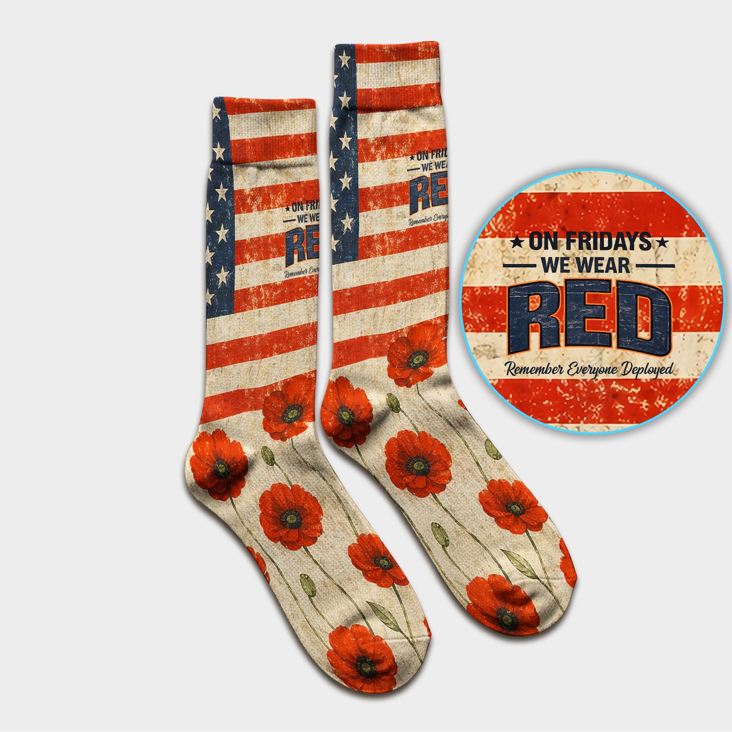Patriotic American Flag Poppy Flower Pattern Socks, Adult Socks for Men and Women