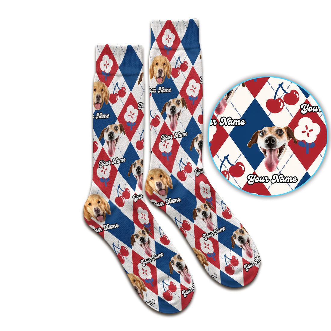 Custom Dog Face Sock, Playful Dog Cherry Argyle Pattern, Breathable Fabrics Medical Uniform