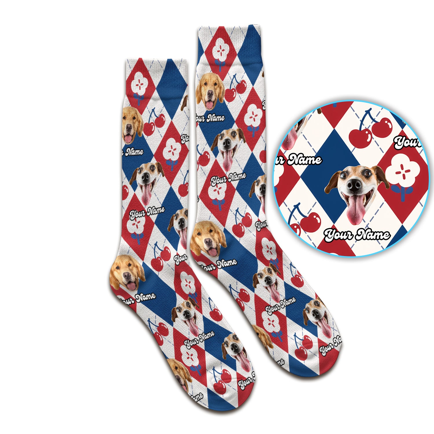 Custom Dog Face Sock, Playful Dog Cherry Argyle Pattern, Breathable Fabrics Medical Uniform