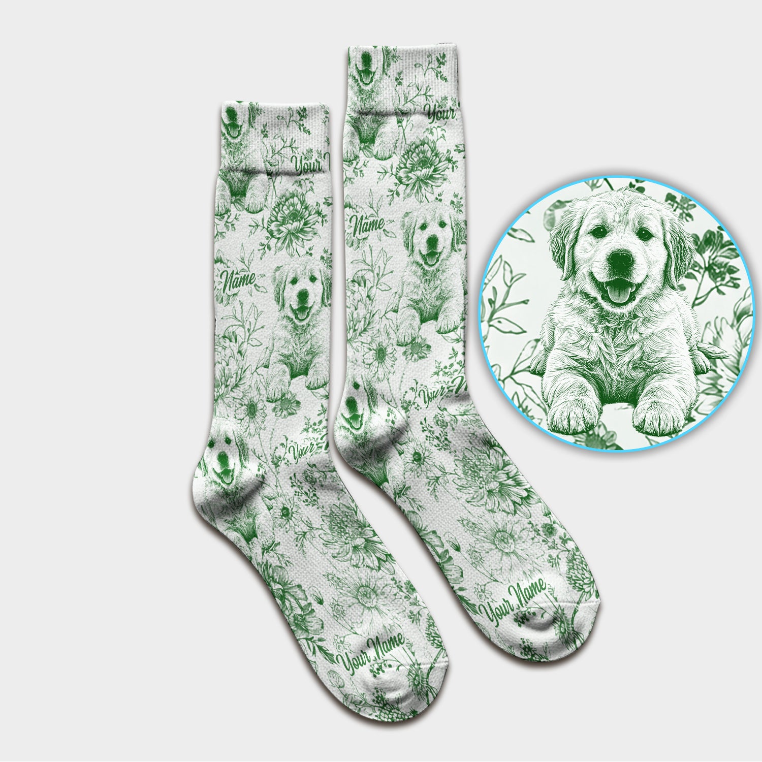 Personalized Custom Pet Photo Name Floral Pattern Socks, Adult Socks for Men and Women