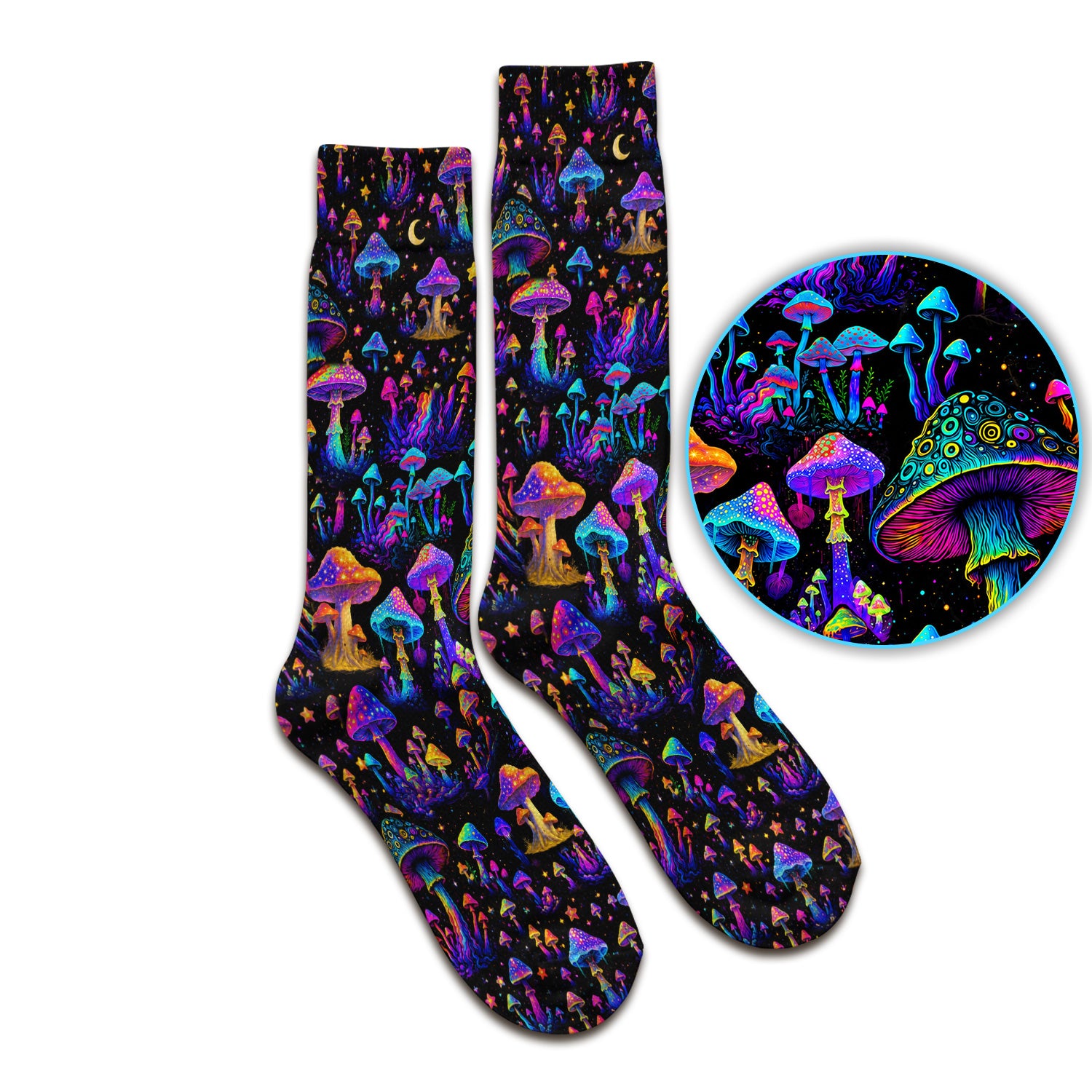 Neon Fantasy Mushroom Print Socks, Adult Socks for Men and Women
