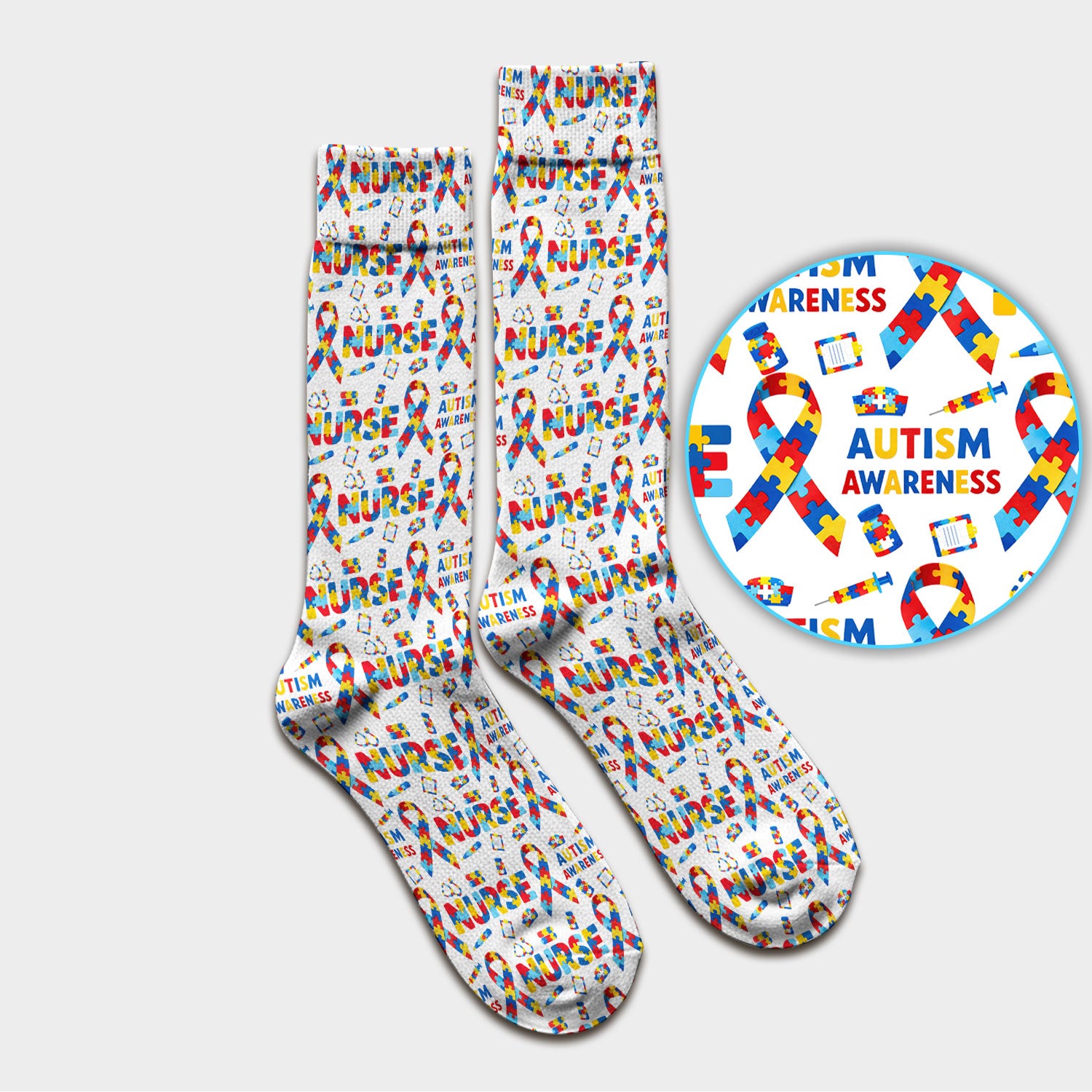 Autism Awareness Nurse Puzzle Ribbon Print Socks, Breathable Fabrics Medical Uniform
