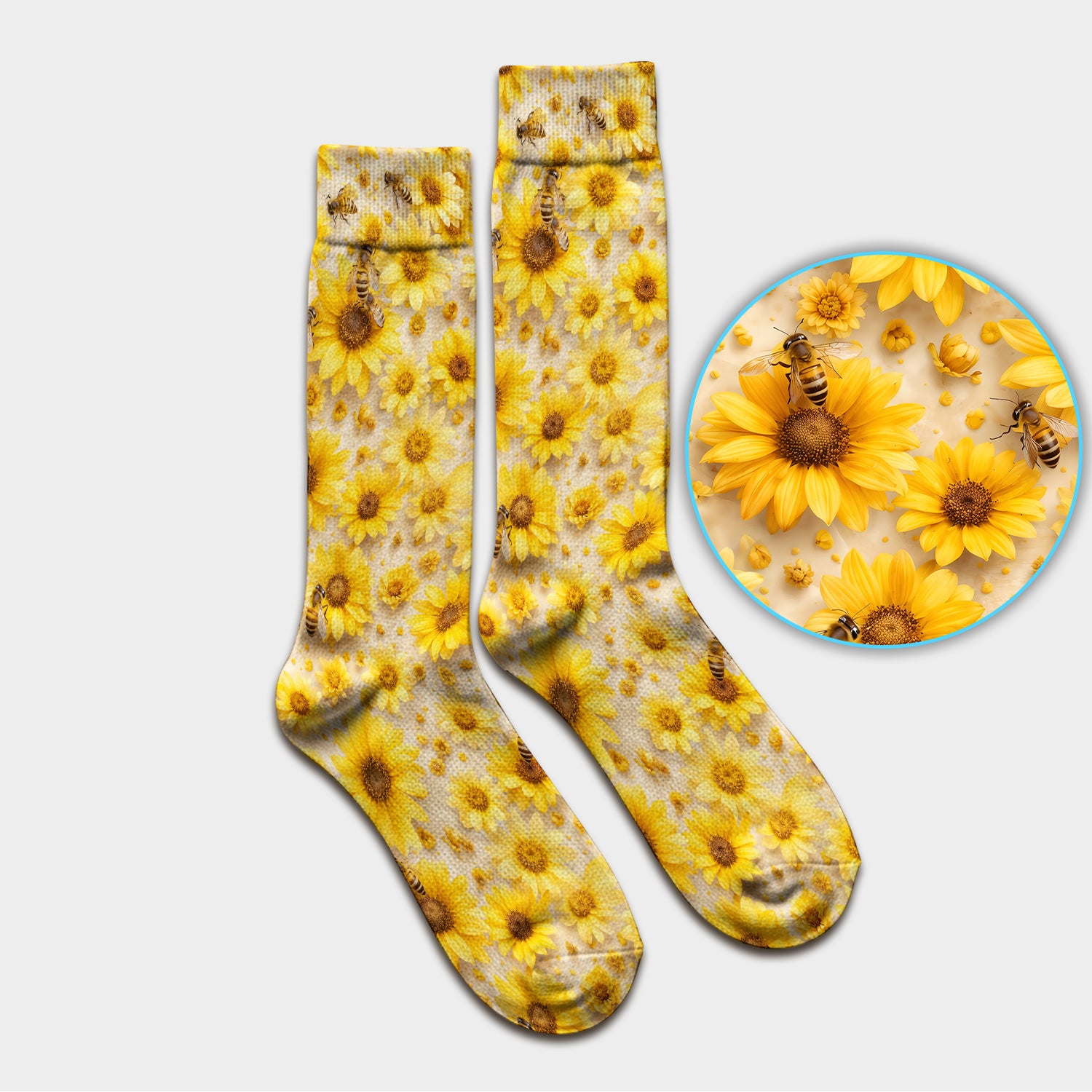 Yellow Sunflower Bee Garden Bloom Pattern Socks, Adult Socks for Men and Women