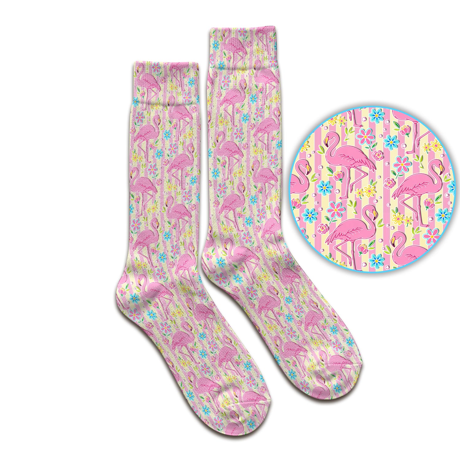 Pink Flamingo Flower Stripe Pattern Socks, Adult Socks for Men and Women