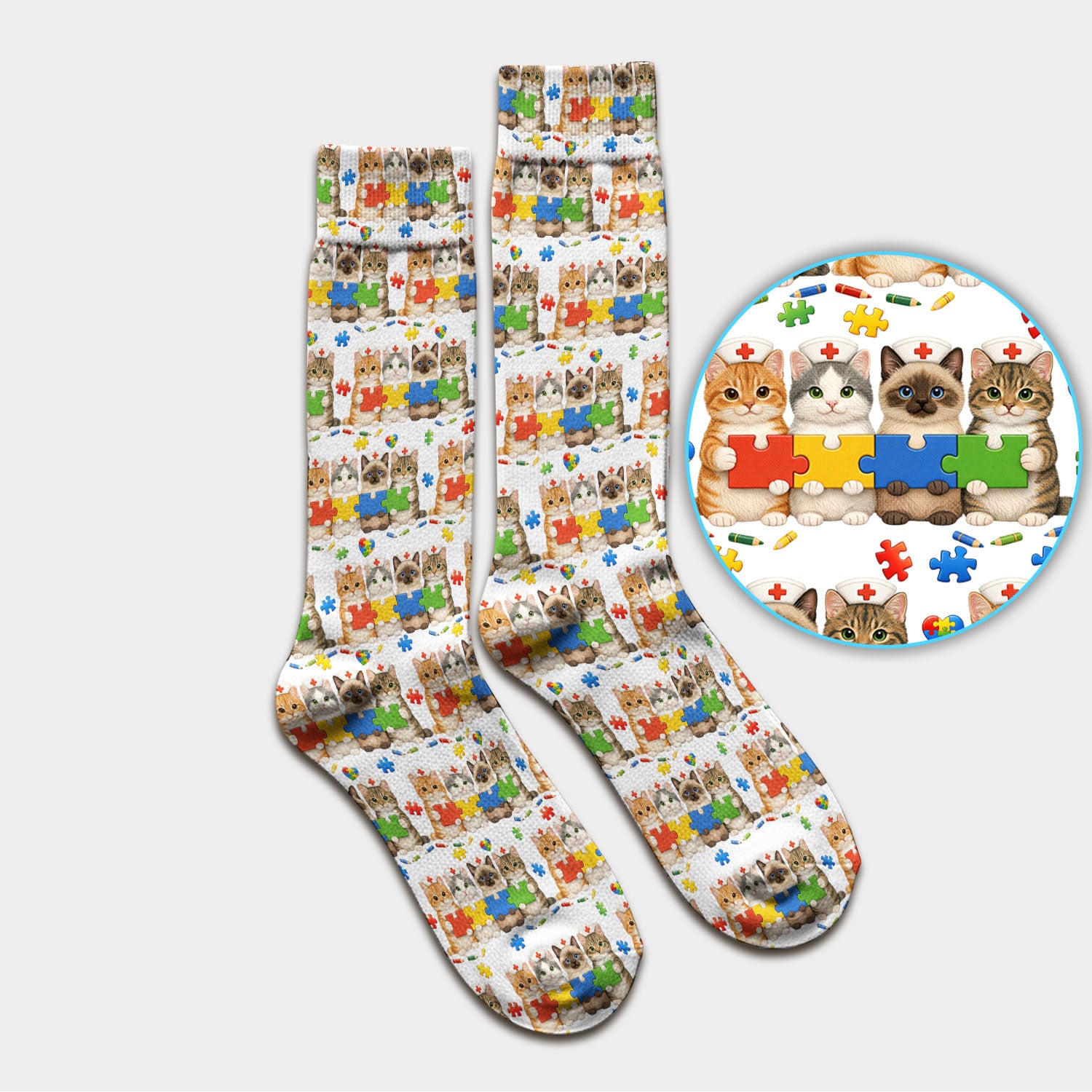 Autism Awareness Nurse Scrub Socks, Cat Autism Pattern Nurses Sock, Comfortable Uniform Scrubs For Nursing