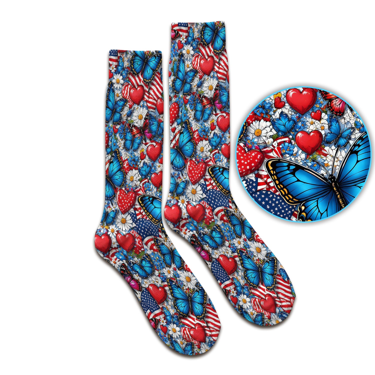 Festive Patriotic Butterfly Heart Floral Pattern Socks, Adult Socks for Men and Women