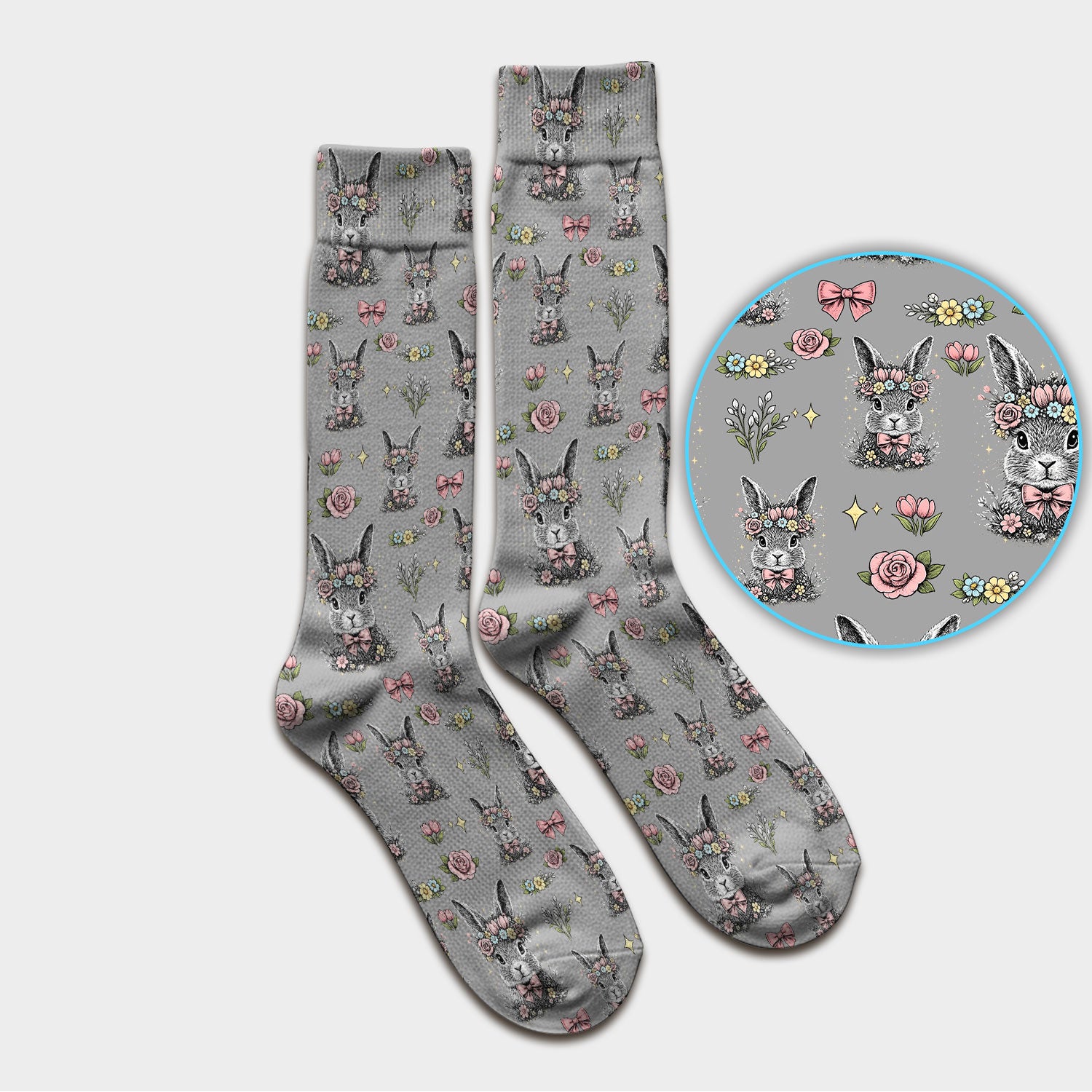 Vintage Floral Bunny Print Socks, Breathable Fabrics Medical Uniform