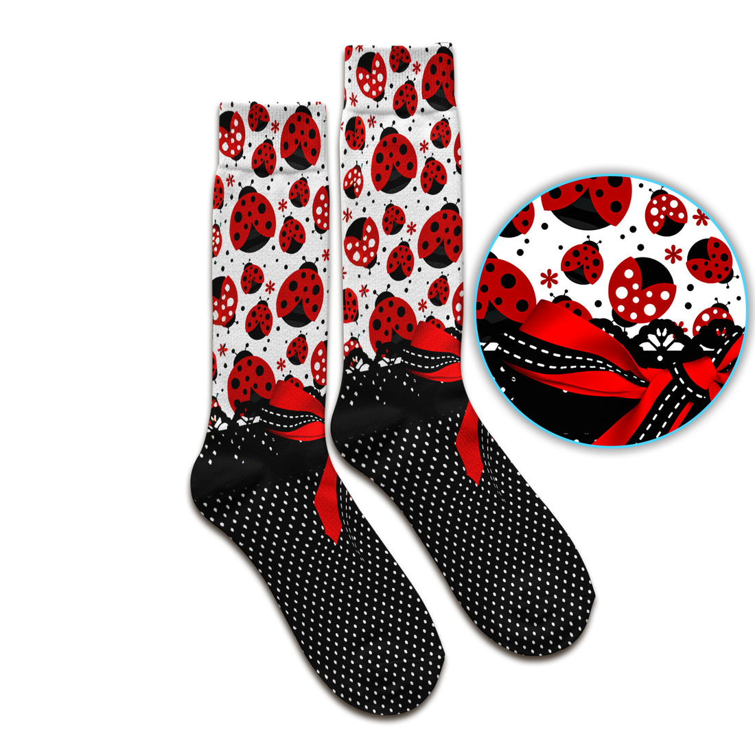 Cute Ladybug Red Ribbon Polka Pattern Socks, Adult Socks for Men and Women