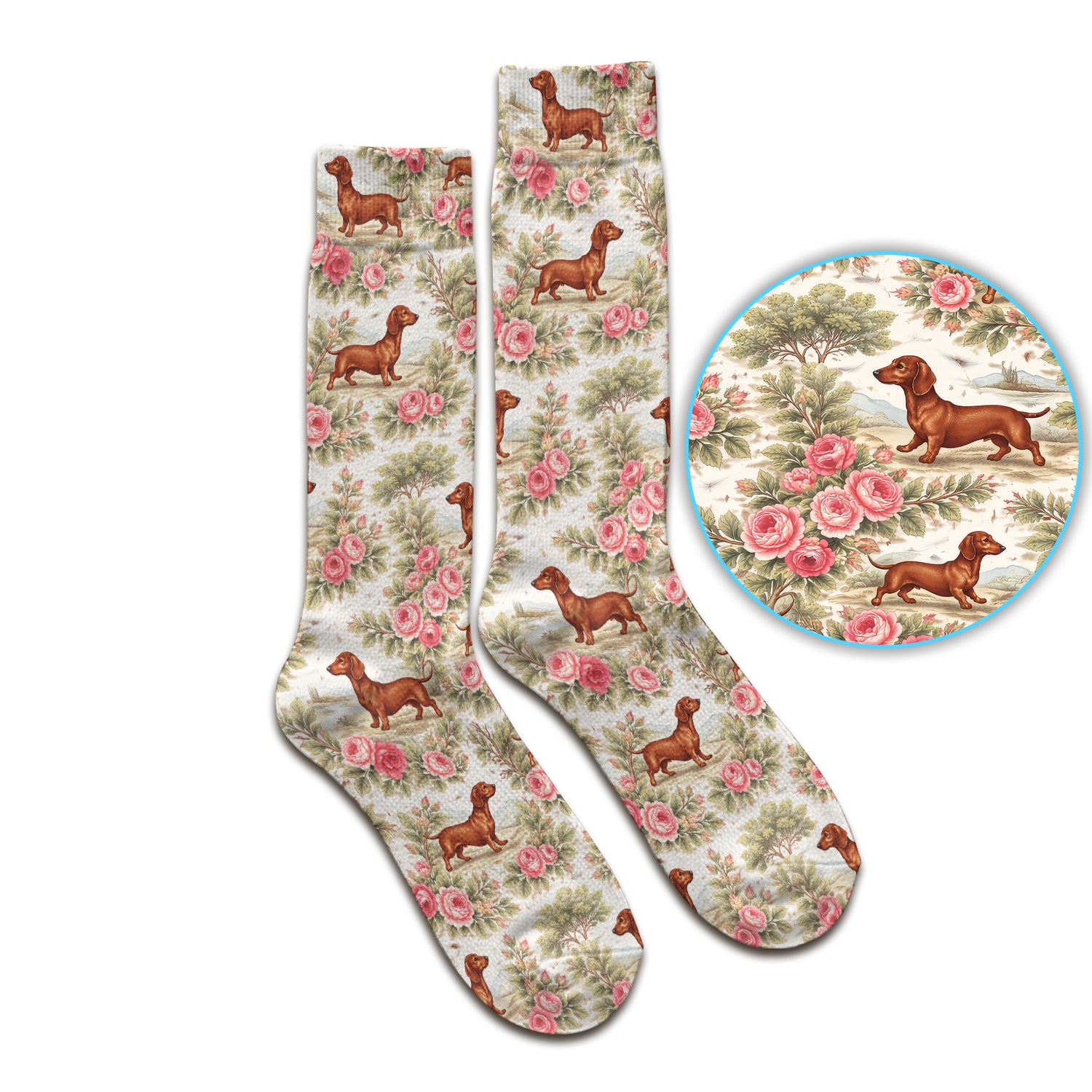Vintage Dachshund Rose Floral Pattern Socks, Adult Socks for Men and Women