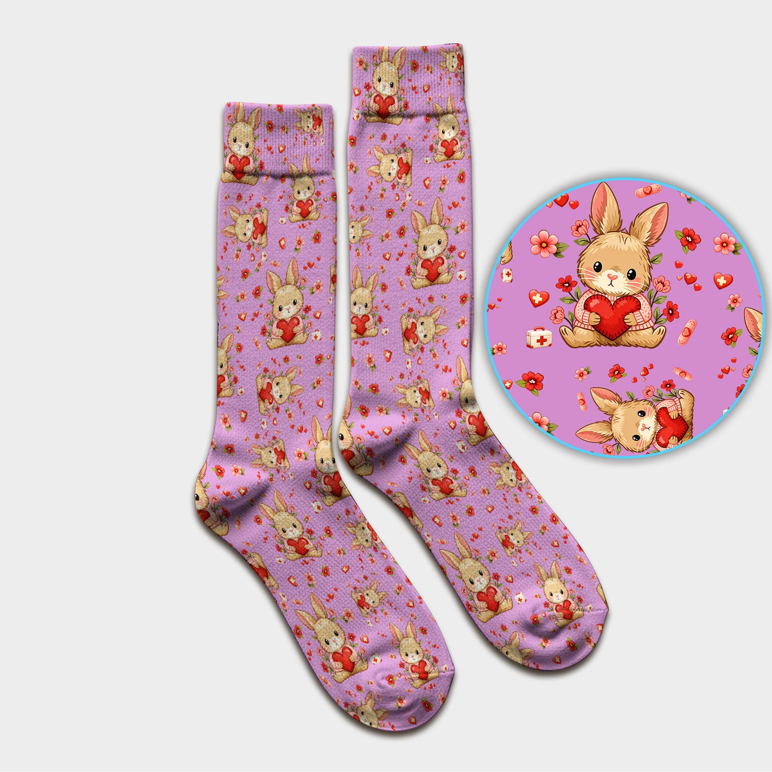 Adorable Bunny Heart Healthcare Design Socks, Adult Socks for Men and Women