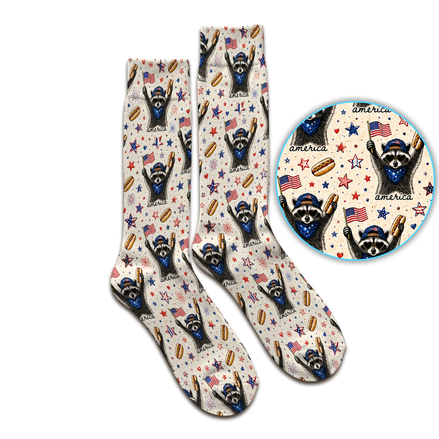 Patriotic Raccoon America Hotdog Pattern Socks, Adult Socks for Men and Women