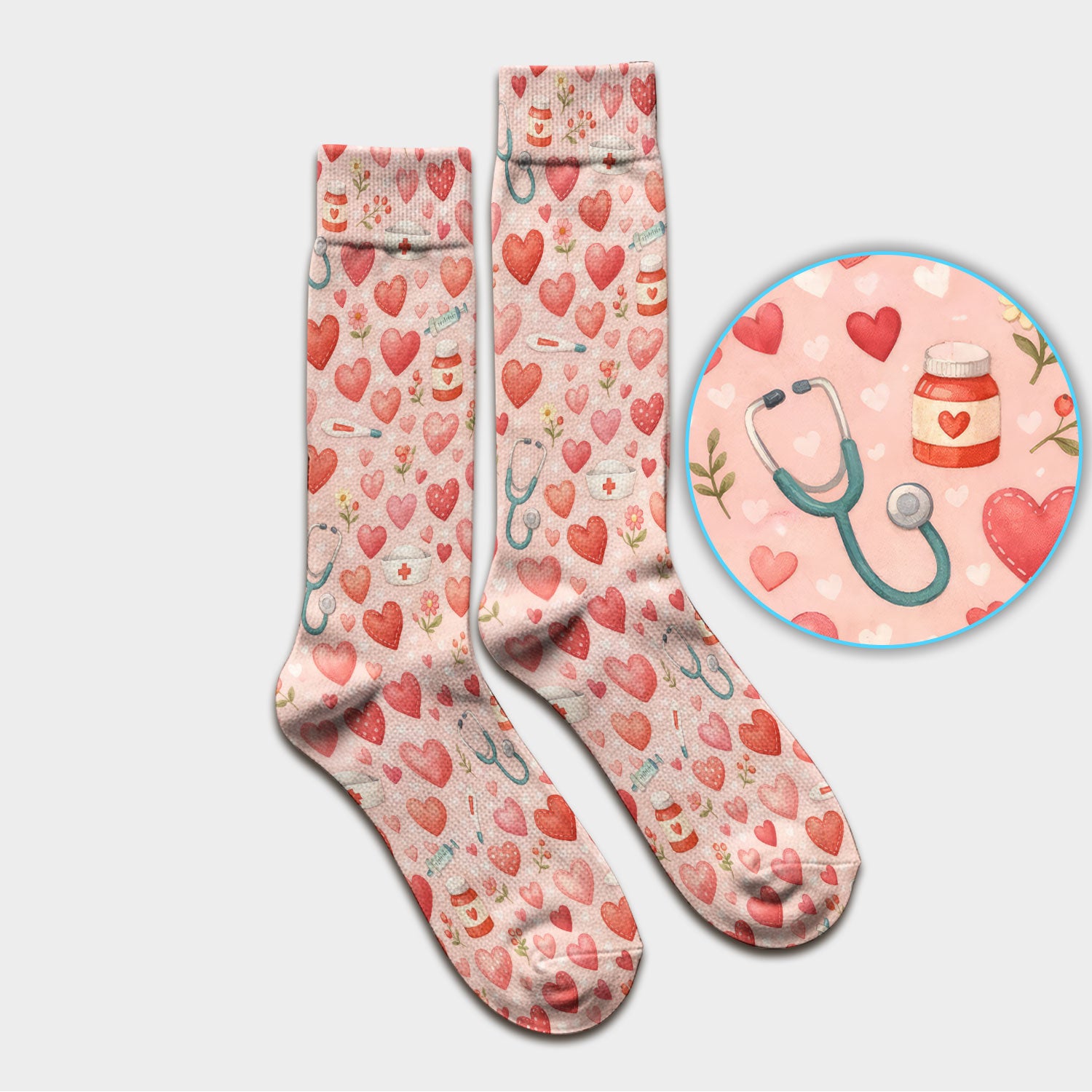 Cute Medical Heart Pattern Scrub Socks, Valentine Nurse Scrub Sock, Breathable Fabrics Nursing Uniform