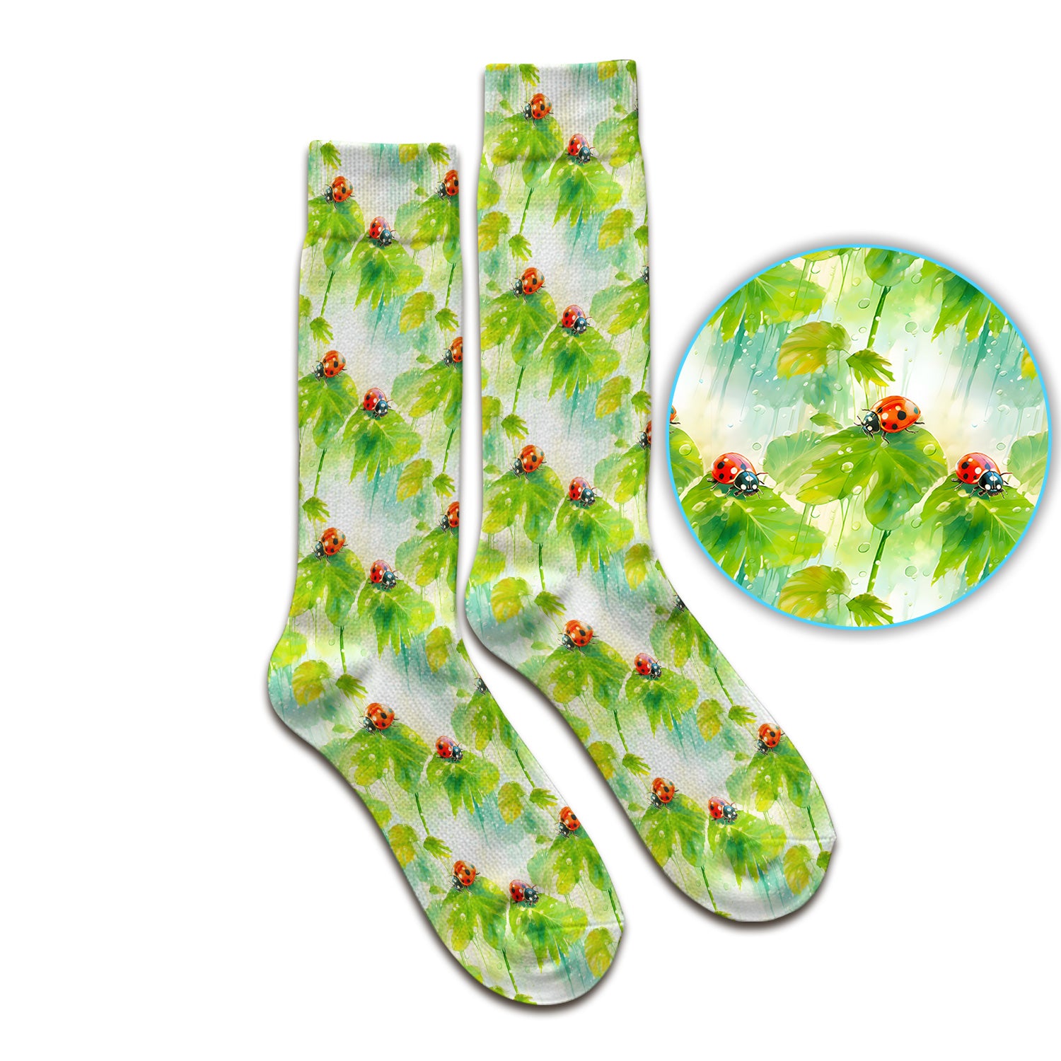 Ladybugs On Rainy Leaves Pattern Socks, Adult Socks for Men and Women