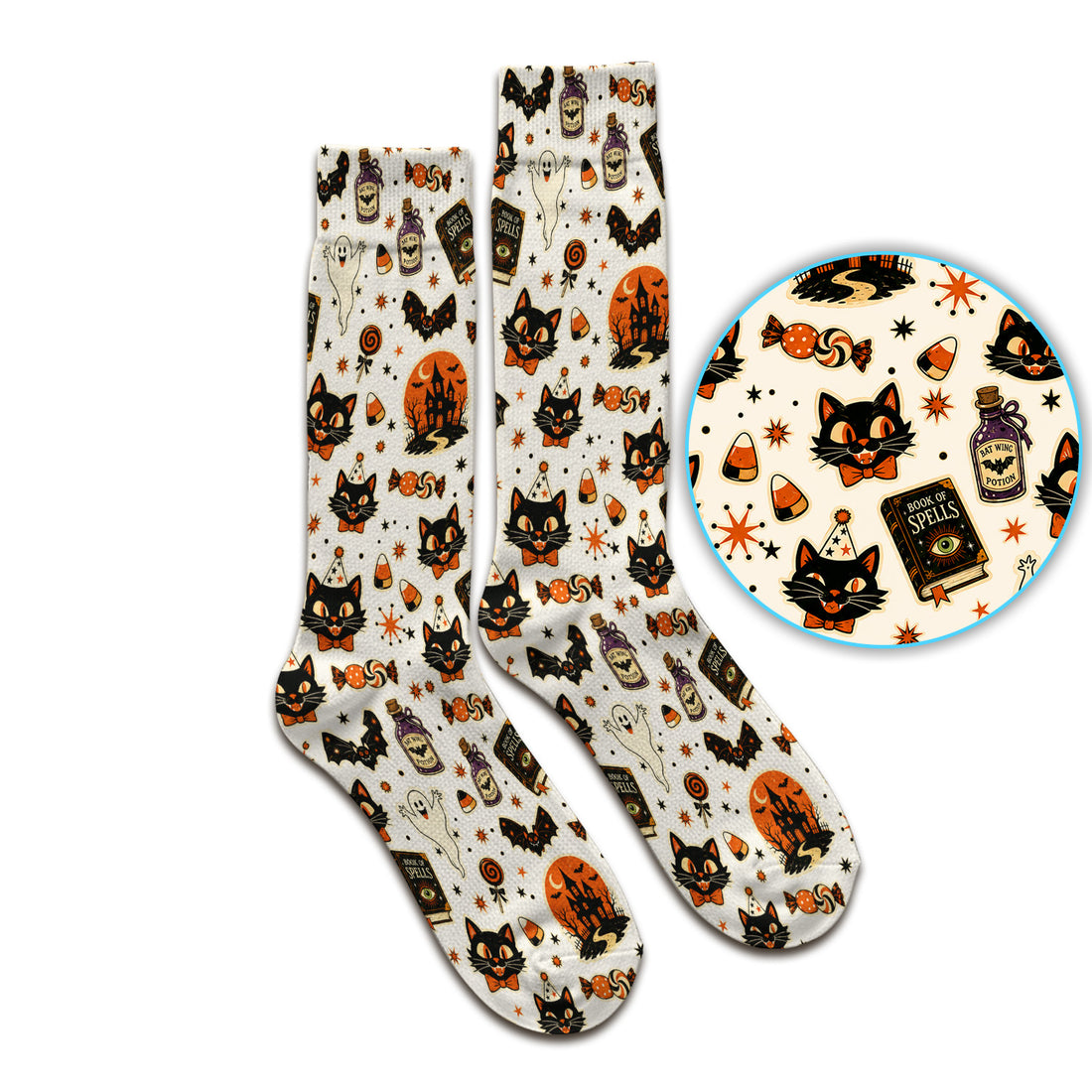 Halloween Black Cat with Ghost Candy Print Socks, Adult Socks for Men and Women