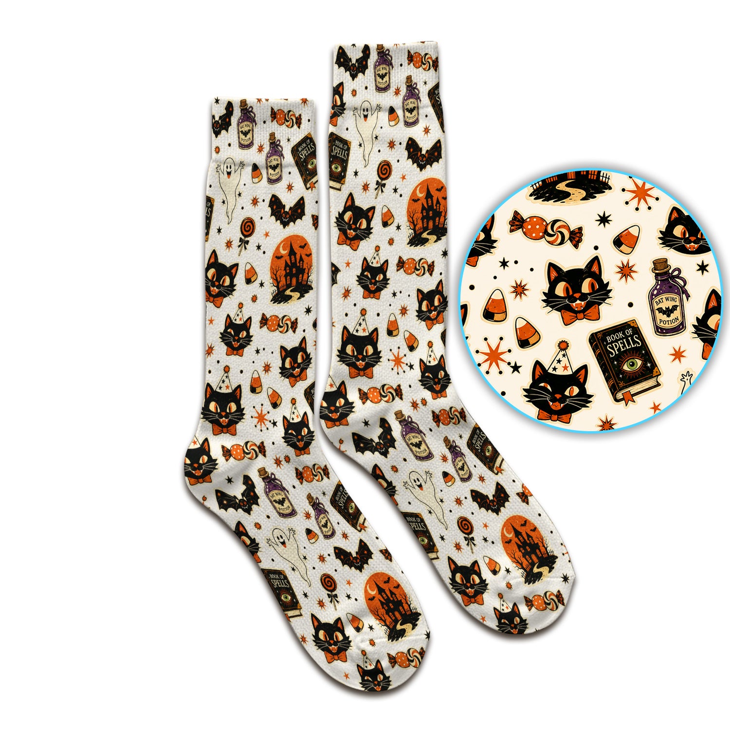 Halloween Black Cat with Ghost Candy Print Socks, Adult Socks for Men and Women