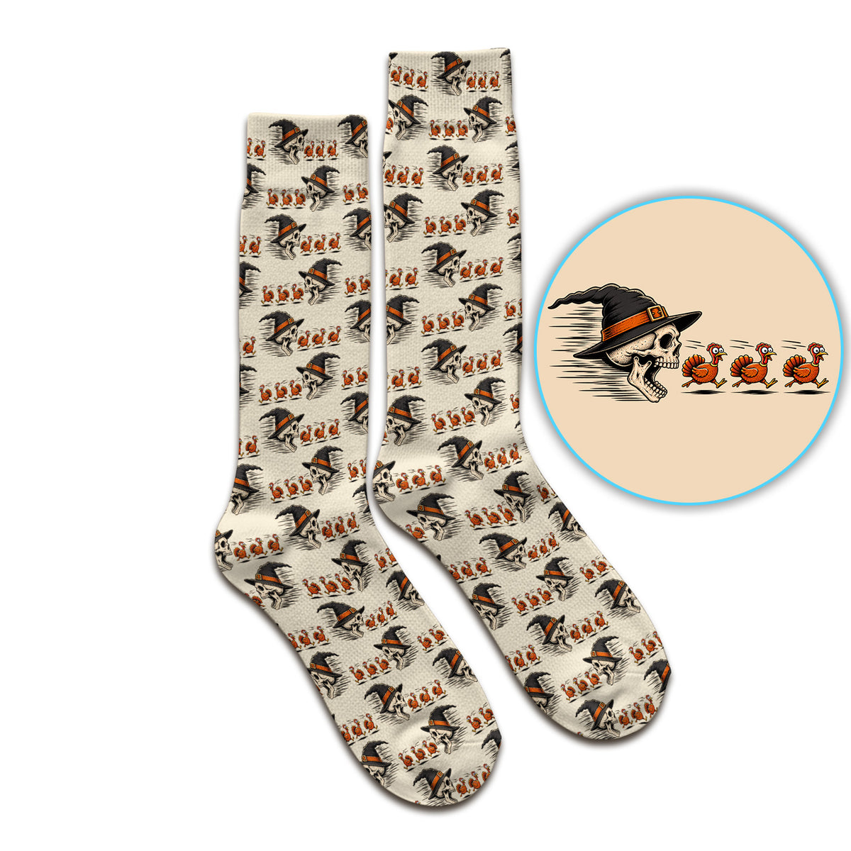 Funny Thanksgiving Skull Chasing Turkeys Pattern Socks, Adult Socks for Men and Women