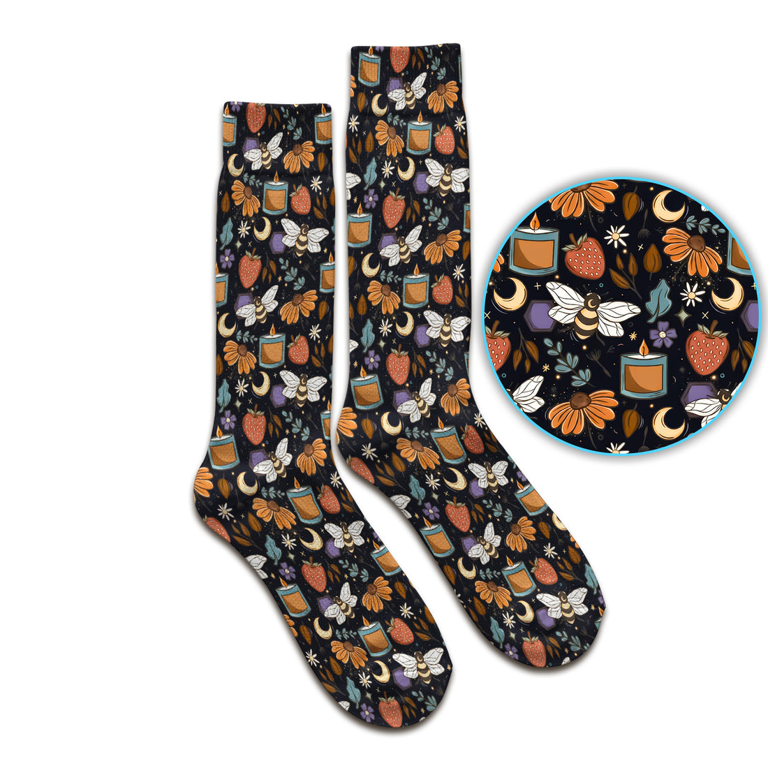 Bee Strawberry Floral Candle Pattern Socks, Adult Socks for Men and Women