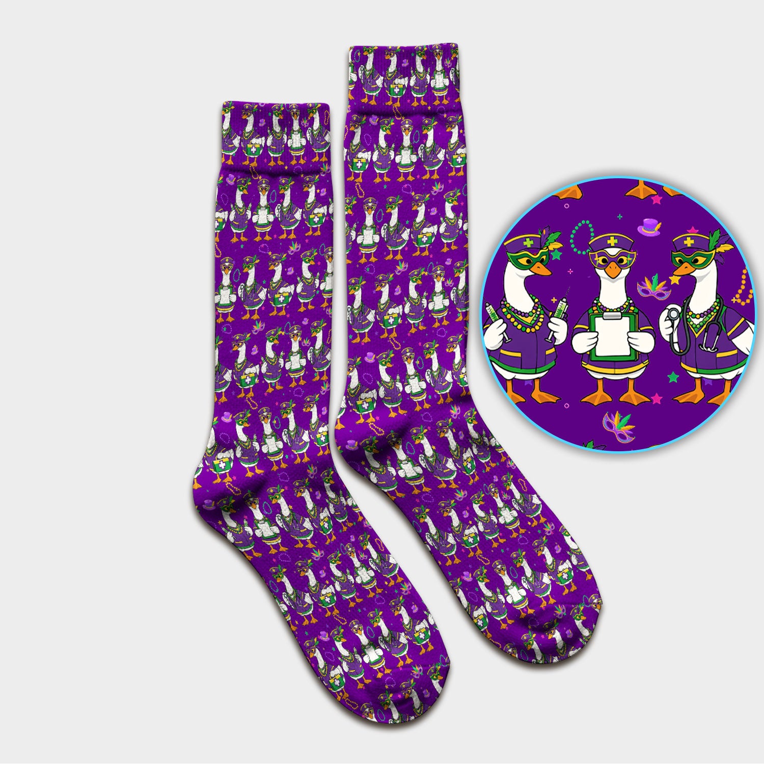 Mardi Gras Nurse Goose Scrub Socks, Purple Carnival Parade Medical Pattern Nurse Sock, Breathable Fabrics Nursing Uniform