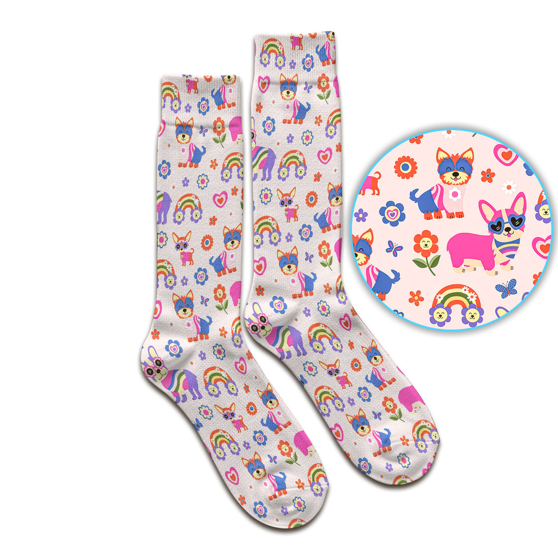 Colorful Cartoon Dogs With Rainbow Flowers Pattern Socks, Adult Socks for Men and Women