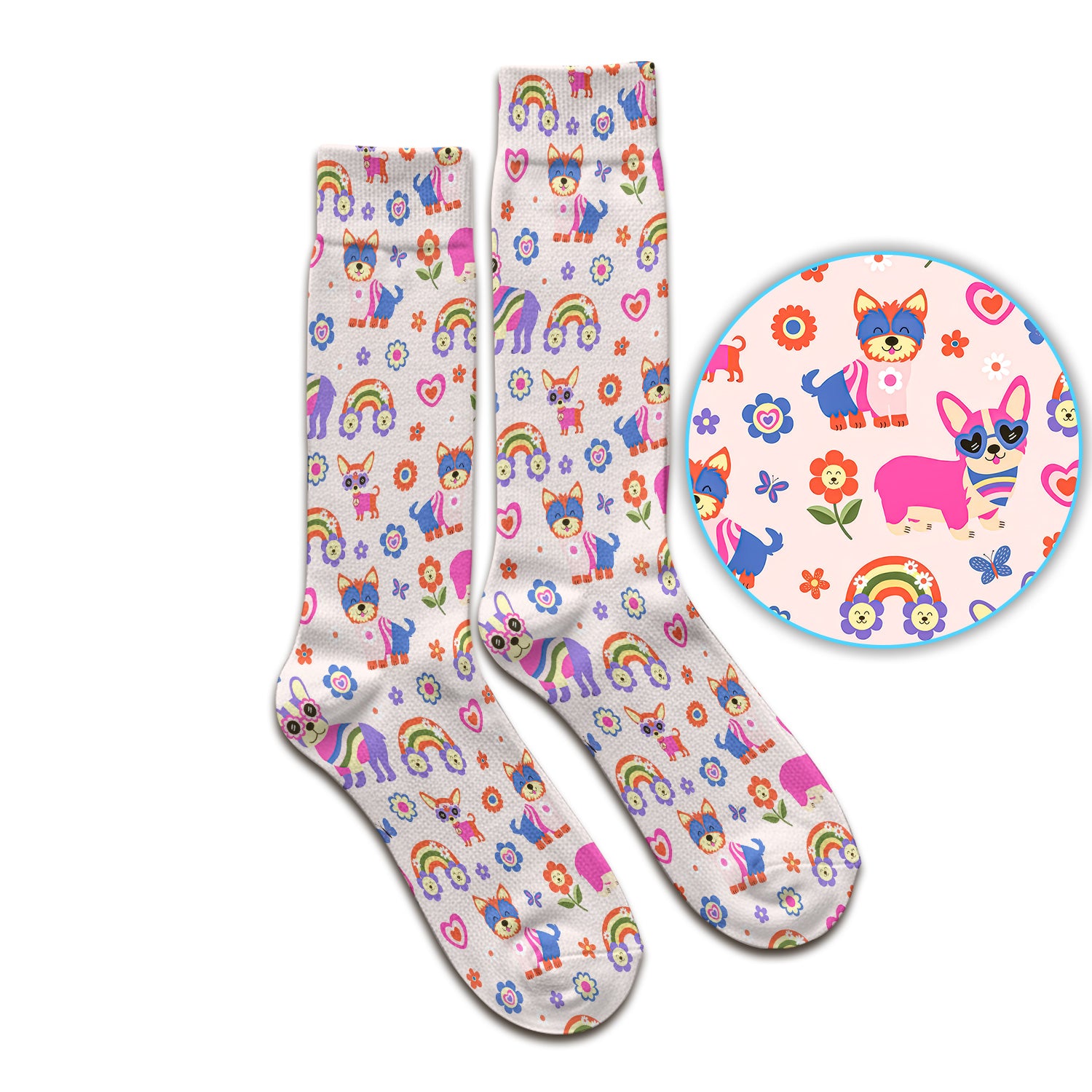 Colorful Cartoon Dogs With Rainbow Flowers Pattern Socks, Adult Socks for Men and Women