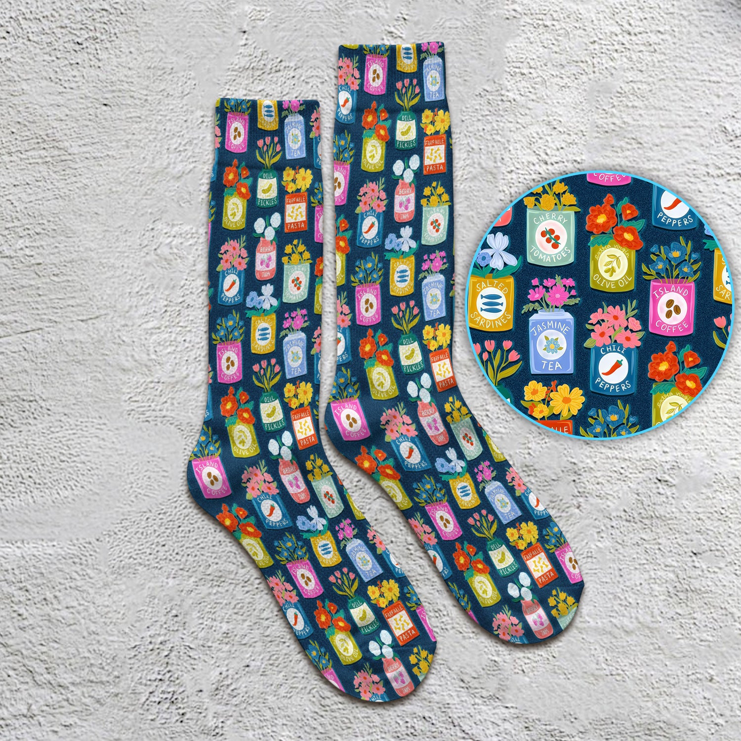 Colorful Pantry Jars Flowers Pattern Socks, Adult Socks for Men and Women