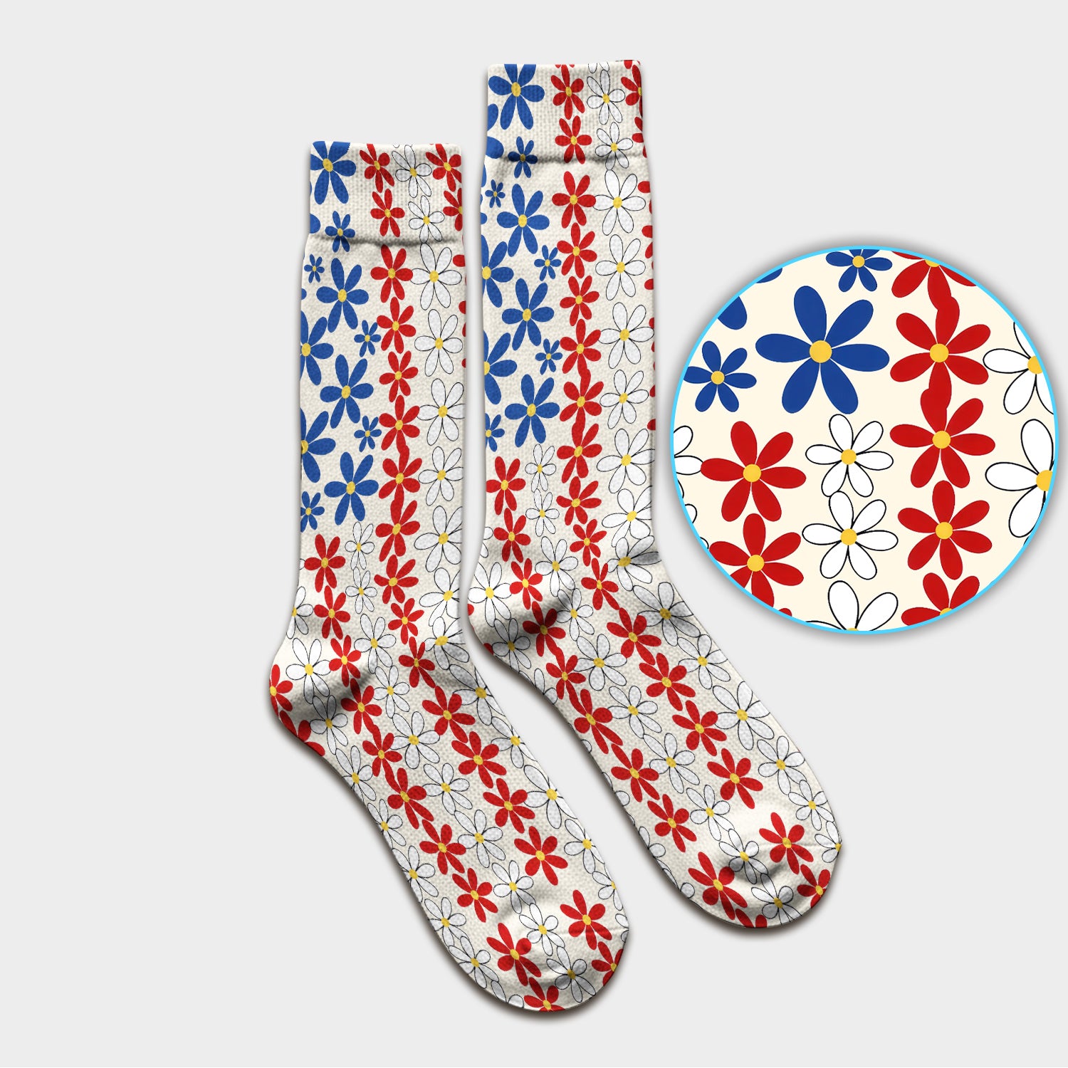 Retro Red Blue Daisy Stripe Pattern Socks, Breathable Fabrics Medical Uniform