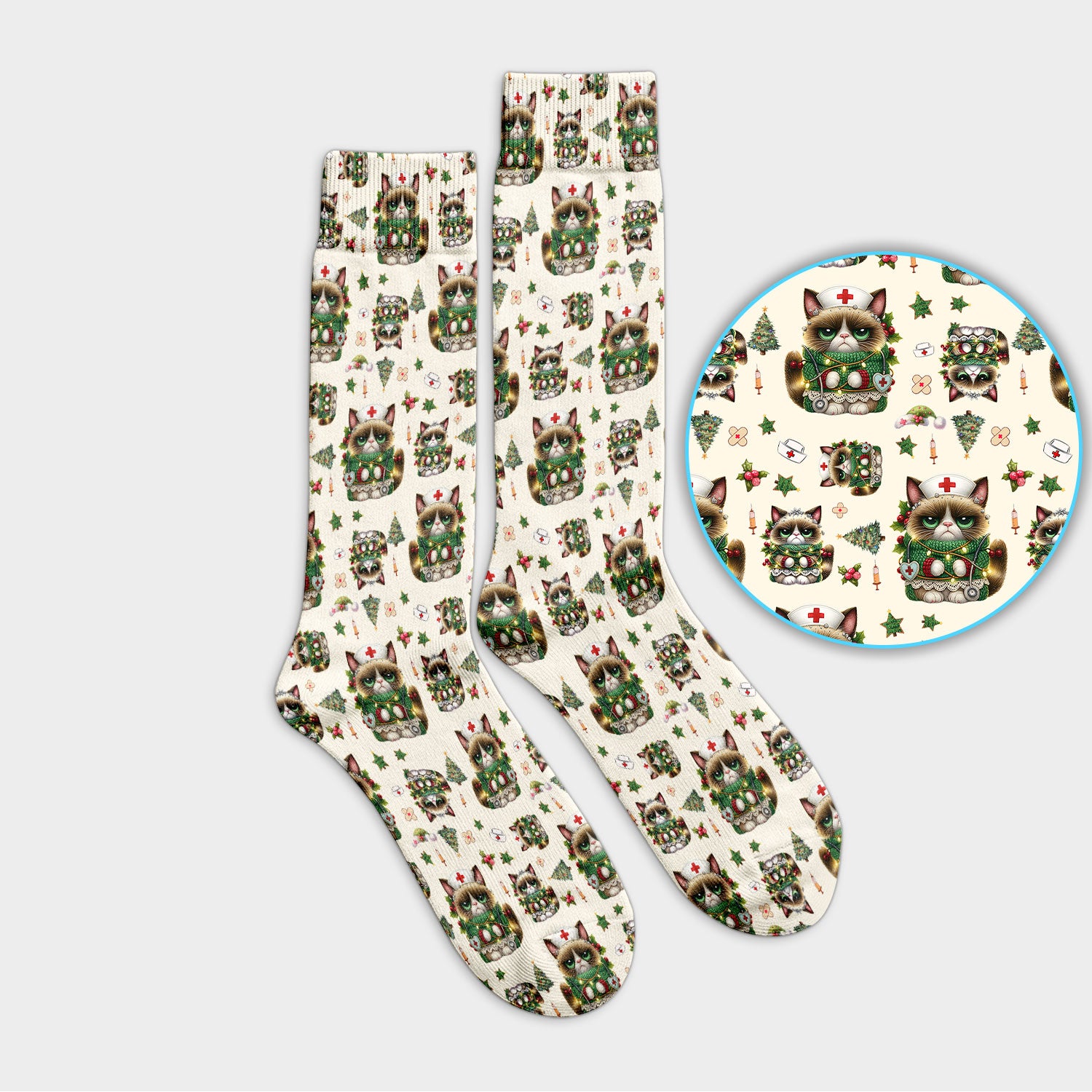 Christmas Cat Socks for Nurse Doctor - Funny Xmas Adult Socks for Men and Women - Breathable Fabrics Medical Uniform
