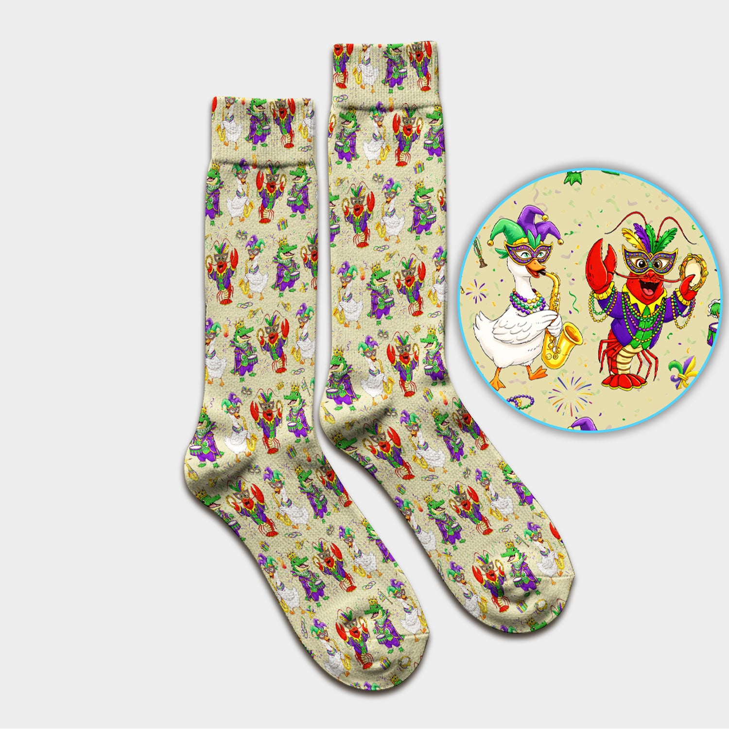 Crawfish And Duck Carnival Scrub Socks, Mardi Gras Parade Pattern Nurse Sock, Breathable Fabrics Nursing Uniform