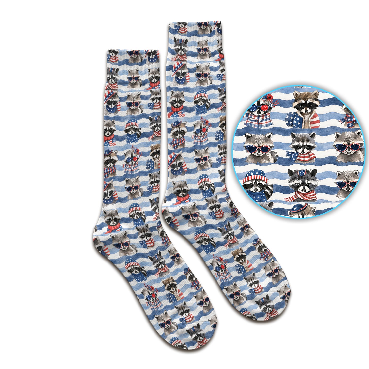 Patriotic Raccoon Watercolor Stripe Pattern Socks, Adult Socks for Men and Women