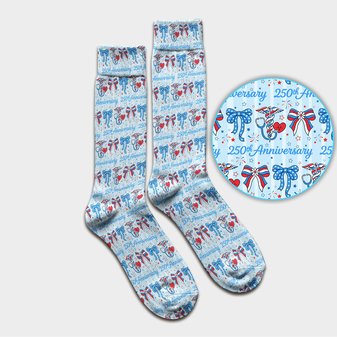 Festive 250th Anniversary Nurse Ribbon Heart Pattern Socks, Adult Socks for Men and Women