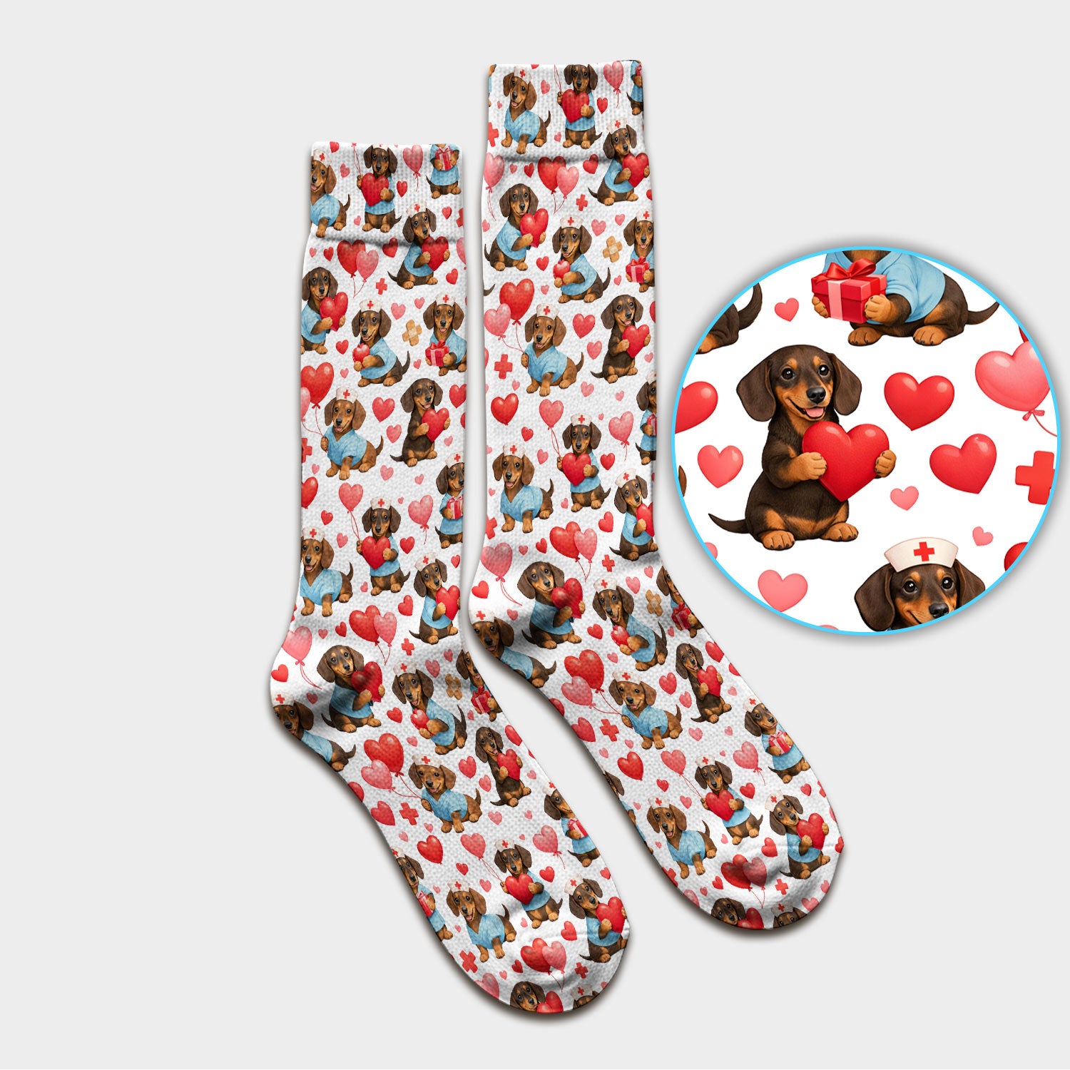 Dachshund Valentine Nurse Scrub Socks, Cute  Wiener Dog Medical Pattern Sock, Breathable Fabrics Nursing Uniform