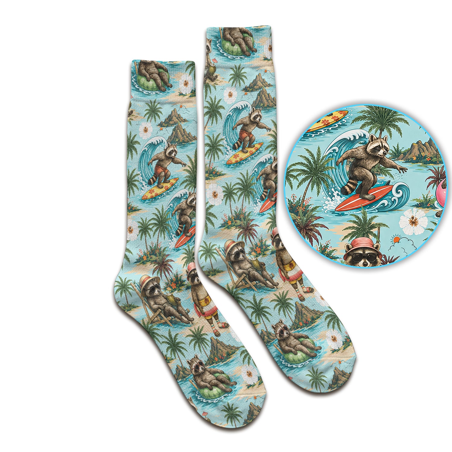 Tropical Raccoon with Surfing Island Beach Print Socks, Adult Socks for Men and Women