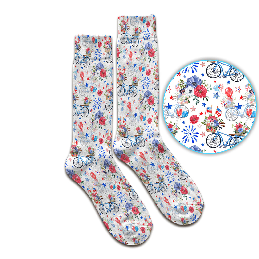 Patriotic Bicycle Floral Fireworks Print Socks, Adult Socks for Men and Women