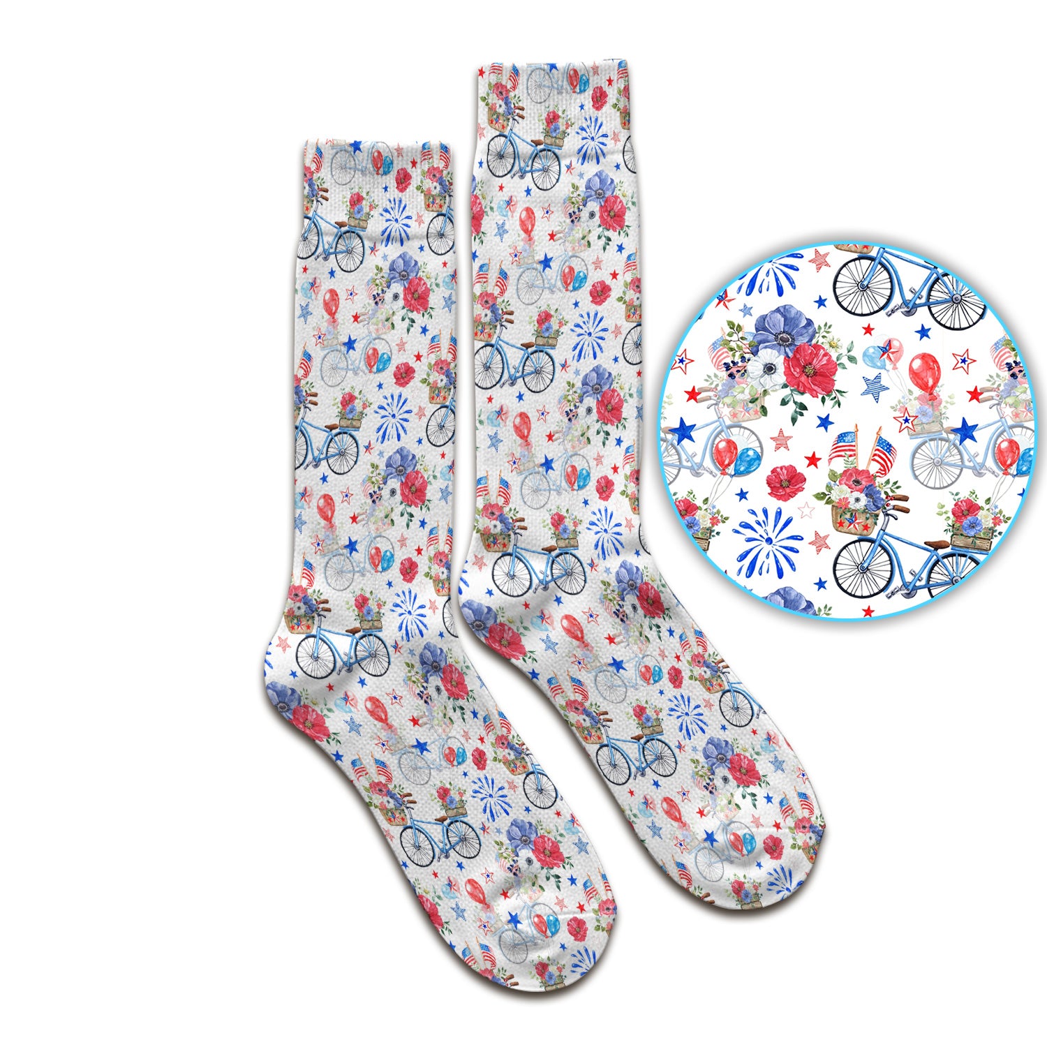 Patriotic Bicycle Floral Fireworks Print Socks, Adult Socks for Men and Women