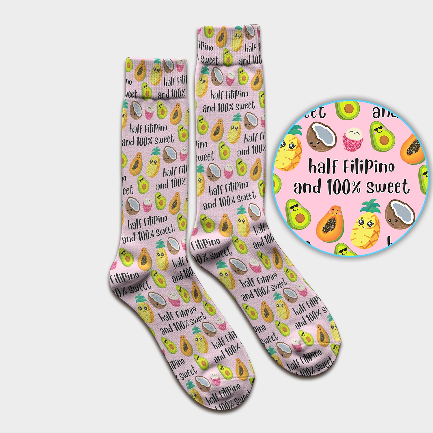Playful Avocado Fruit Print Filipino Quote Socks, Adult Socks for Men and Women