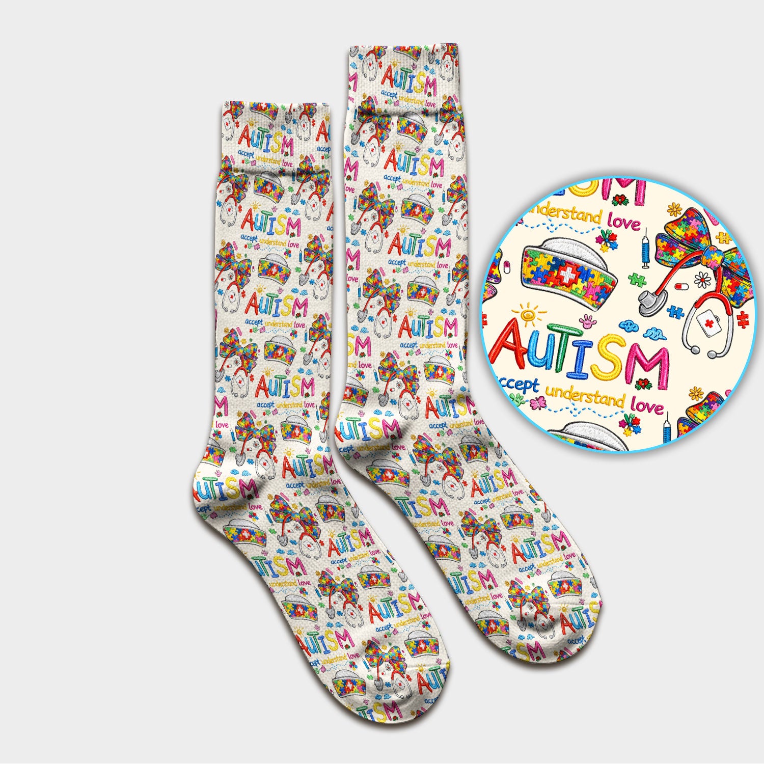 Autism Awareness Pattern Nurse Scrub Socks, Accept Understand Love Puzzle Nurses Sock, Breathable Fabrics Nursing Uniform