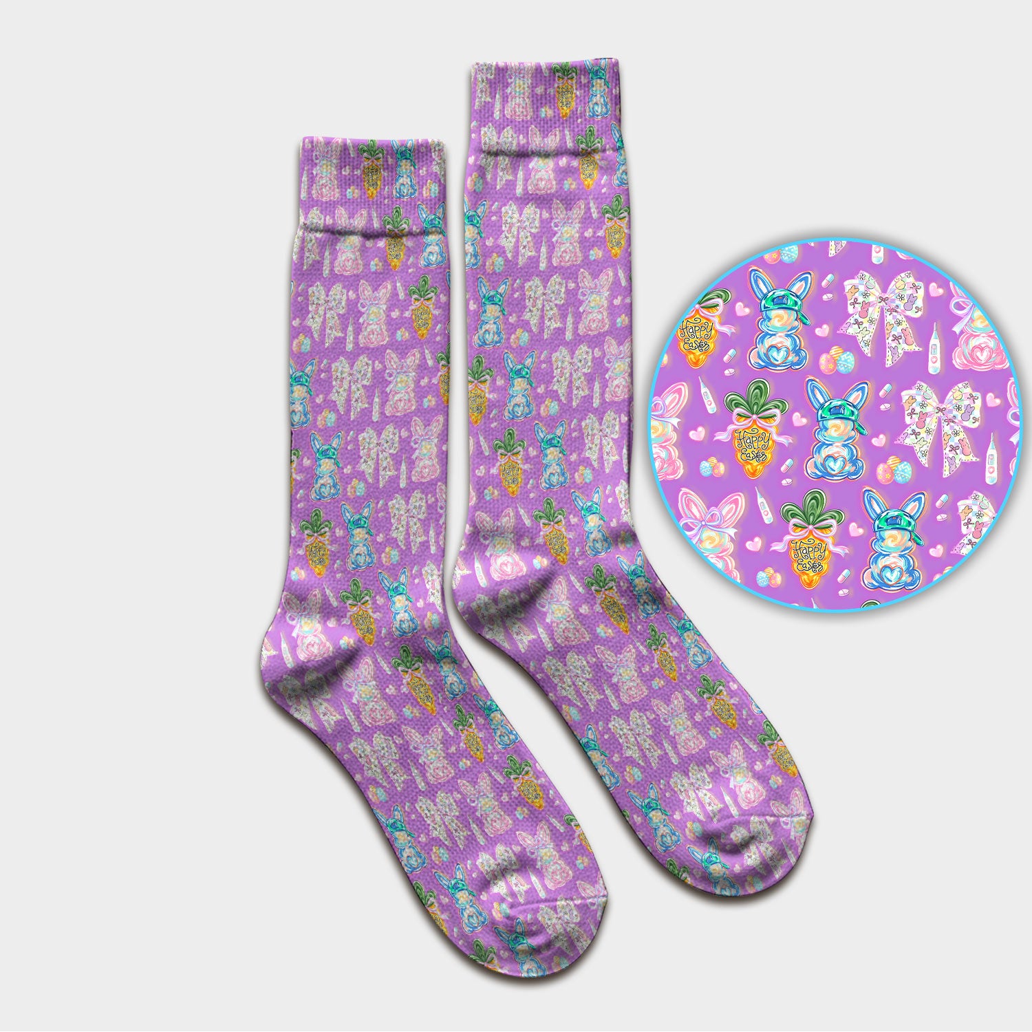 Easter Bunny Carrot Bow Floral Print Socks, Breathable Fabrics Medical Uniform