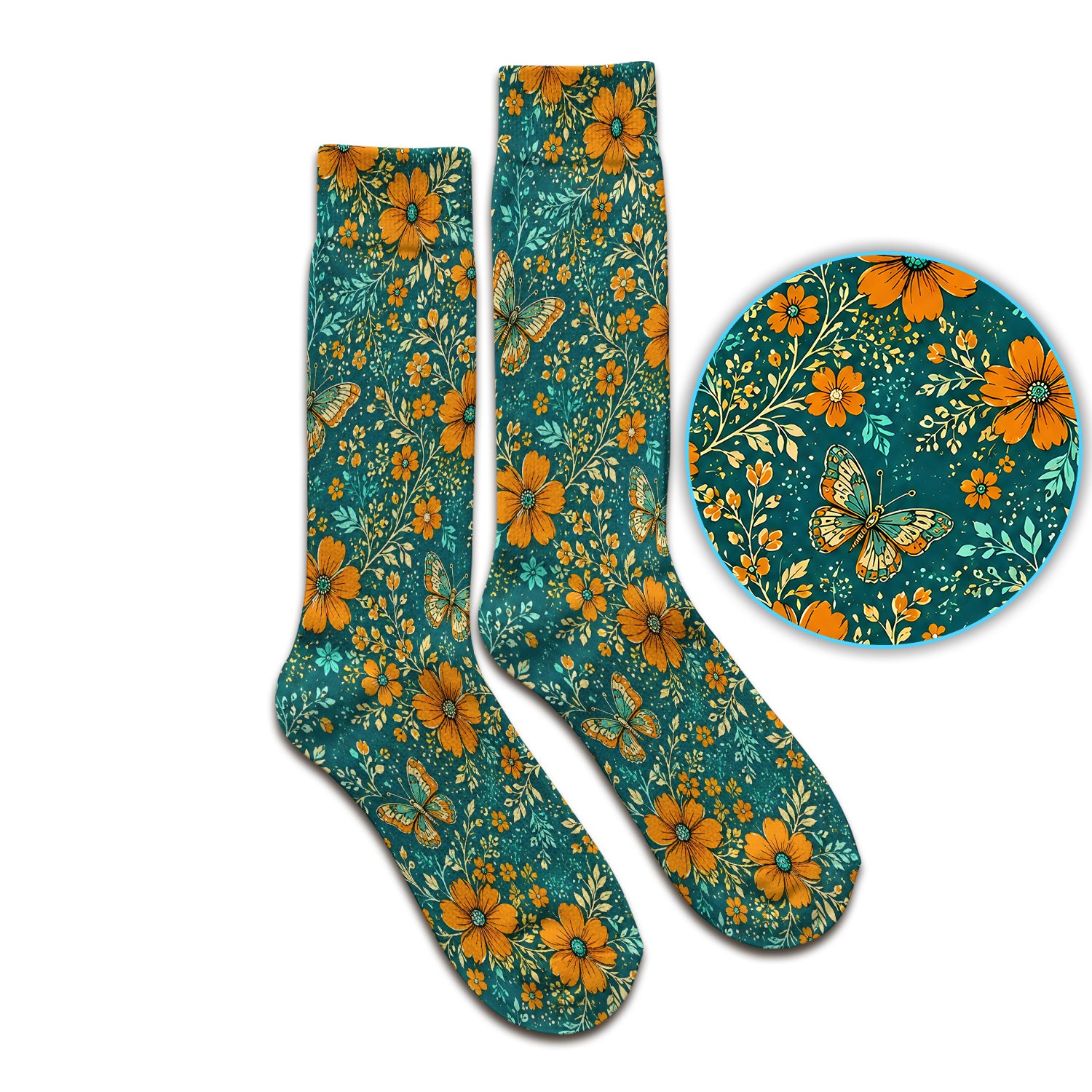 Orange Floral Butterfly Vine Pattern Socks, Adult Socks for Men and Women