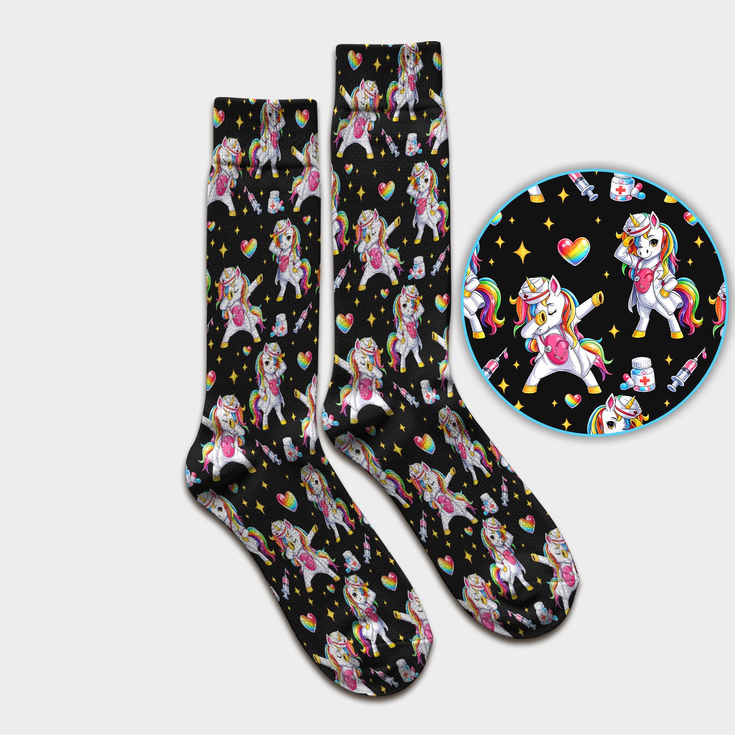 Playful Nurse Unicorn Rainbow Pattern Medical Socks, Socks for Nurse Doctor